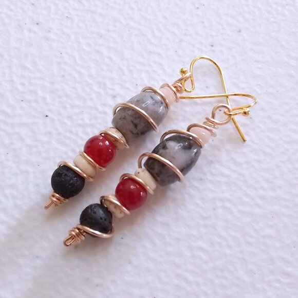 Mixed Gemstones ~ Wire Wrapped Scepter Earrings! Unique + Colorful Fall Danglers - Picture 4 of 6